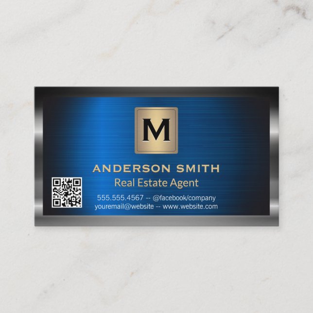 Dark Metallic Frame | Blue Metallic | QR Code Business Card (Front)