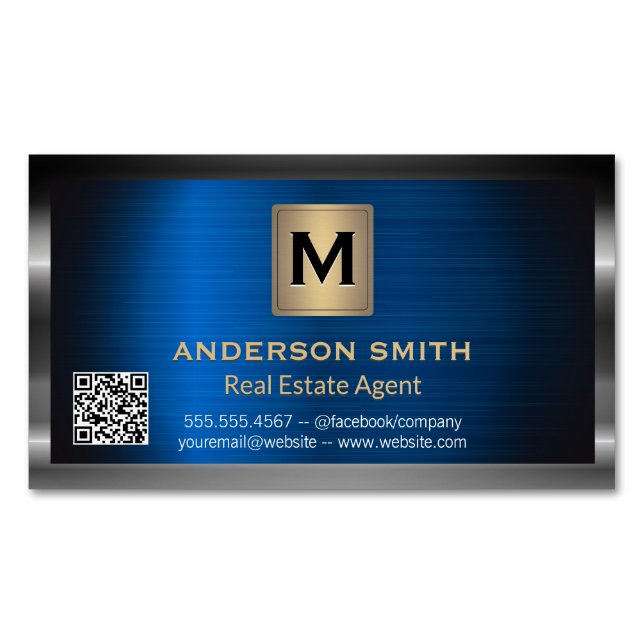 Dark Metallic Frame | Blue Metallic | QR Label Magnetic Business Card (Front)