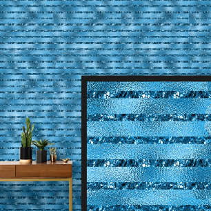 Dark Mid Blue Water Shiny Look, Horizontal Stripes Wallpaper