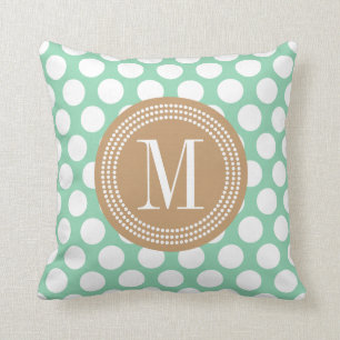 Dark Mint & Khaki Big Polka Dots Monogrammed Throw Pillow