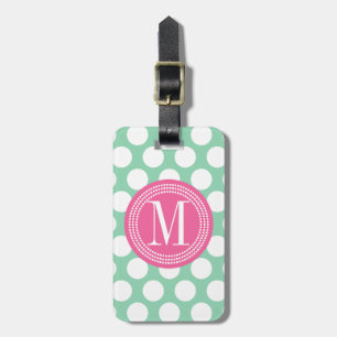 Dark Mint & Pink Big Polka Dots Monogrammed Luggage Tag
