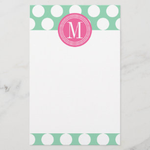 Dark Mint & Pink Big Polka Dots Monogrammed Stationery