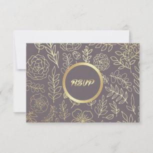 Dark Mocha   Gold Floral Pattern Wedding RSVP Card