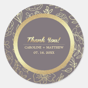 Dark Mocha Gold Floral Wedding Thank You Classic Round Sticker
