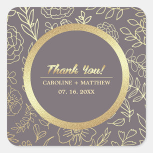 Dark Mocha Gold Floral Wedding Thank You Square Sticker