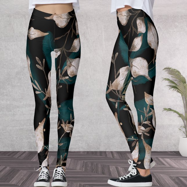 Dark Modern Boho Botanical Leaves Leggings (Creator Uploaded)