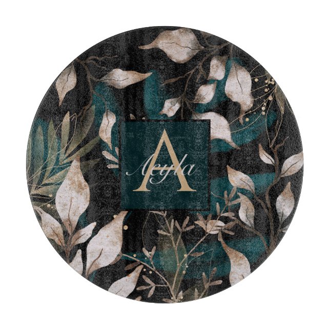 Dark Modern Boho Botanical Leaves Monogram Cutting Board (Front)