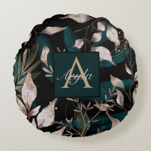 Dark Modern Boho Botanical Leaves Monogram Round Pillow