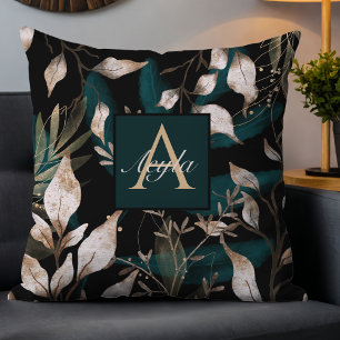 Dark Modern Boho Botanical Leaves Monogram Throw Pillow