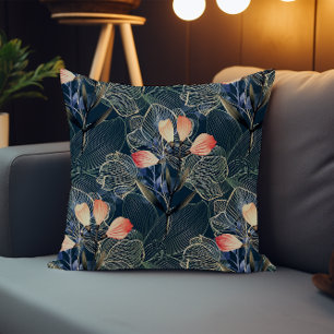 Dark Modern Elegant Boho Floral Blue Throw Pillow