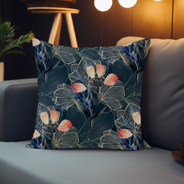 Dark Modern Elegant Boho Floral Blue Throw Pillow (Creator Uploaded)