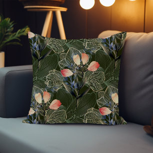 Dark Modern Elegant Boho Floral Dark Green Throw Pillow