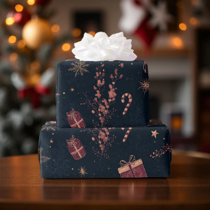 Dark Modern Elegant Holiday Patterns Pine Berry Wrapping Paper
