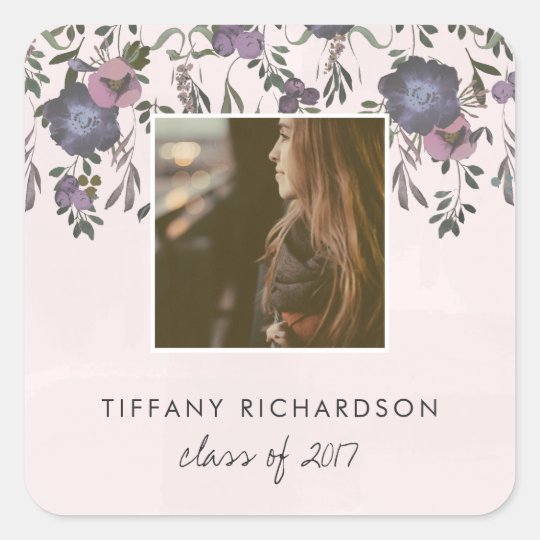 Dark Modern Floral | Photo Graduation Square Sticker