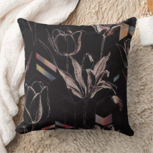 Dark Modern Geometric Tulip Line Art Pattern Throw Pillow
