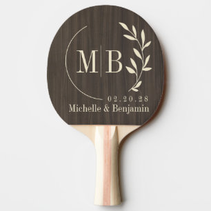 Dark Modern Wood Leaf Wedding Monogram Ping Pong Paddle