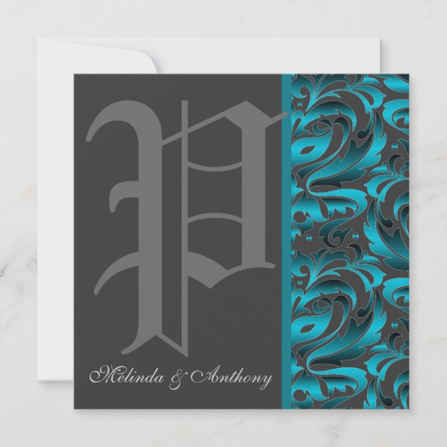 Dark Monogram "P" Teal Damask Invitation (Front)