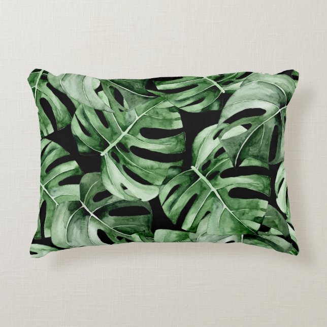 Dark Monstera: Tropical Watercolor Print. Accent Pillow (Front)
