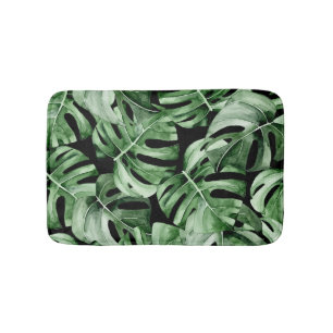 Dark Monstera: Tropical Watercolor Print. Bath Mat