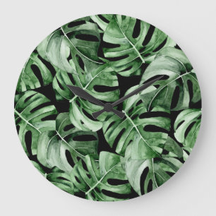 Dark Monstera: Tropical Watercolor Print. Large Clock