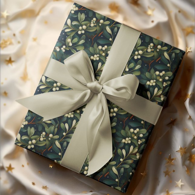 Dark Moody American Mistletoe Winter Holiday Wrapping Paper (Elegant Dark and Moody American Mistletoe Winter Holiday Christmas Wrapping Paper)
