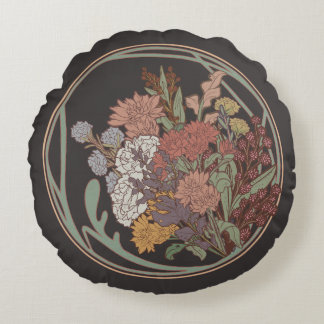 Dark & Moody Art Nouveau Floral Bouquet Round Pillow