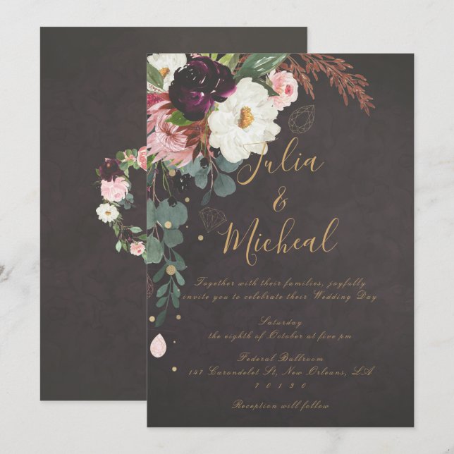 Dark Moody Autumn Floral Wedding Invitation (Front/Back)