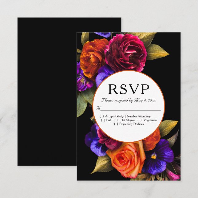 Dark Moody Autumn Floral Wedding RSVP  Card (Front/Back)