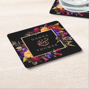 Dark Moody Autumn Floral Wedding Square Paper Coaster