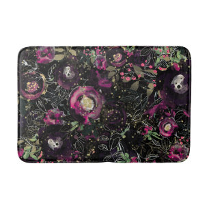 Dark Moody Berry Plum Sparkle Floral Modern Bath Mat