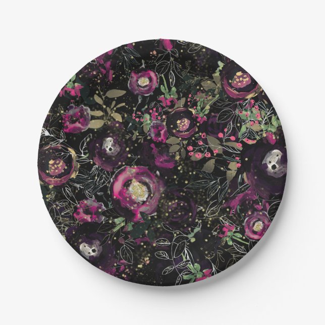 Dark Moody Berry Plum Sparkle Floral Modern Paper Plate (Front)