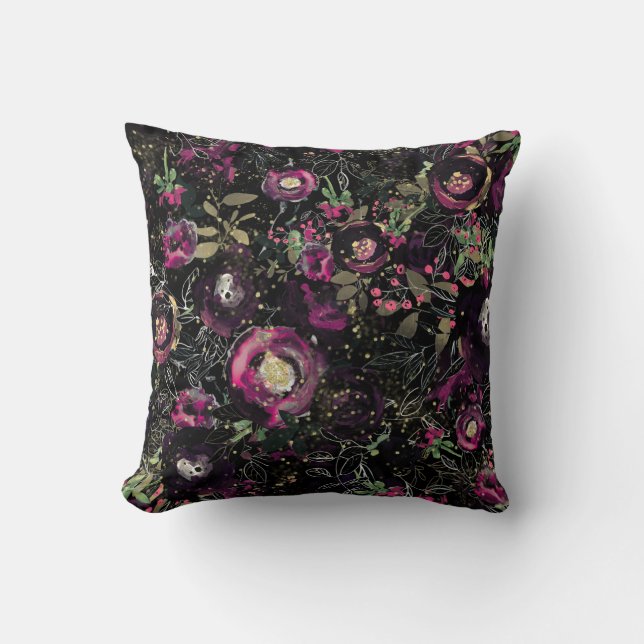 Dark Moody Berry Plum Sparkle Floral Modern Throw Pillow (Front)