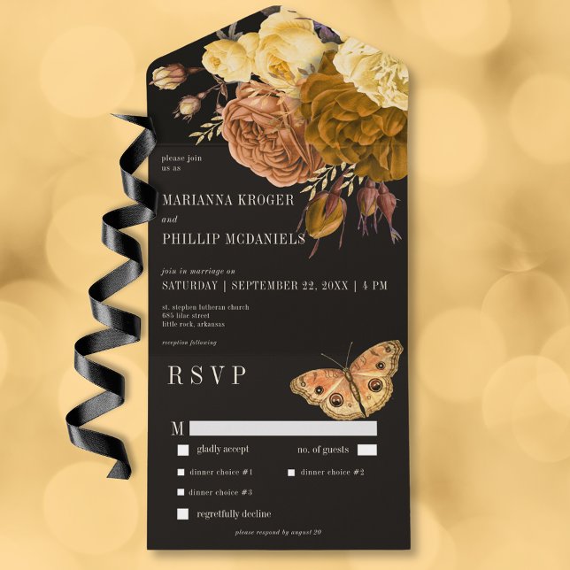 Dark Moody Black Autumn Floral Dinner All In One Invitation (Dark Moody Black Autumn Floral Dinner All In One Invitation)