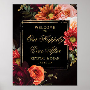 Dark Moody Black Burgundy Orange Floral Wedding Poster