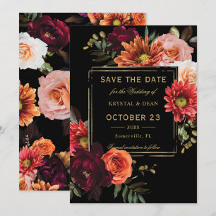 Dark Moody Black Burgundy Orange Floral Wedding Save The Date