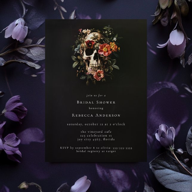 Dark Moody Black Gothic Floral Skull Bridal Shower Invitation (Creator Uploaded)