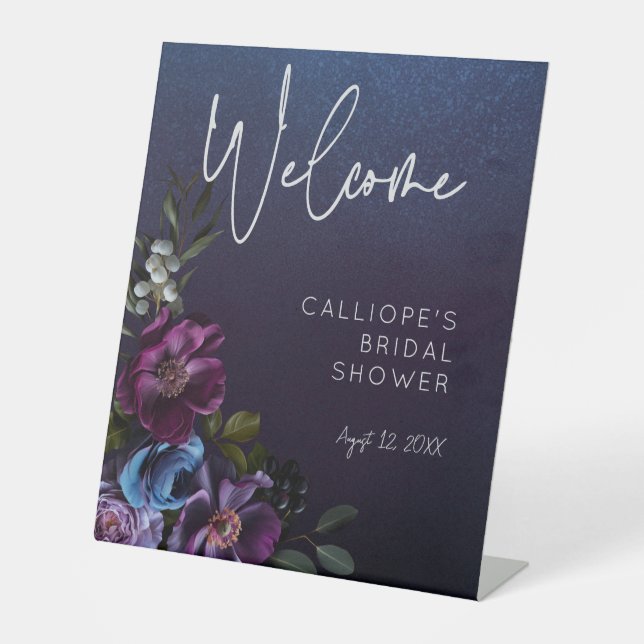 Dark Moody Blue Lavender Floral Bridal Shower Pedestal Sign (Front)