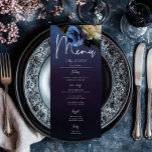 Dark Moody Blue Lavender Floral Modern Wedding Menu<br><div class="desc">Introducing our exquisite wedding menu that effortlessly marries modern elegance with vintage allure. Set against a moody navy blue background, a soft side loose bouquet comes to life, featuring dark purple, lavender, periwinkle blue, and cream white flowers alongside dark purple berries and delicate botanical greenery. The blend of colours symbolizes...</div>