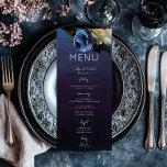 Dark Moody Blue Lavender Floral Modern Wedding Menu<br><div class="desc">Introducing our exquisite wedding menu that effortlessly marries modern elegance with vintage allure. Set against a moody navy blue background, a soft side loose bouquet comes to life, featuring dark purple, lavender, periwinkle blue, and cream white flowers alongside dark purple berries and delicate botanical greenery. The blend of colours symbolizes...</div>