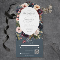 Dark Moody Blue Oval Floral Frame QR Code