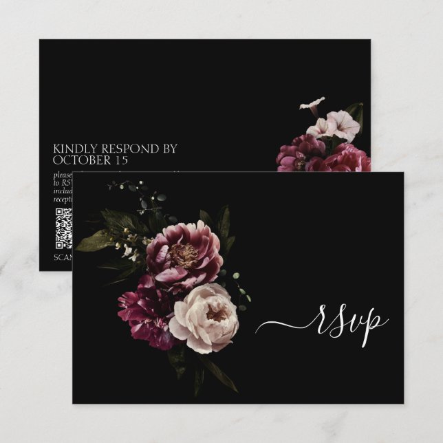 Dark Moody Blush Burgundy Floral QR Code RSVP Card (Front/Back)