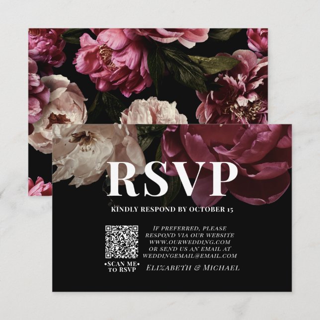 Dark Moody Blush Burgundy QR Code Wedding RSVP  (Front/Back)