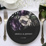 Dark moody boho elegant wedding template paper plate<br><div class="desc">Dark moody boho elegant gothic personalized wedding tableware template plates,  black purple peonies on dark background  wedding paper plates  with bride and groom names.</div>
