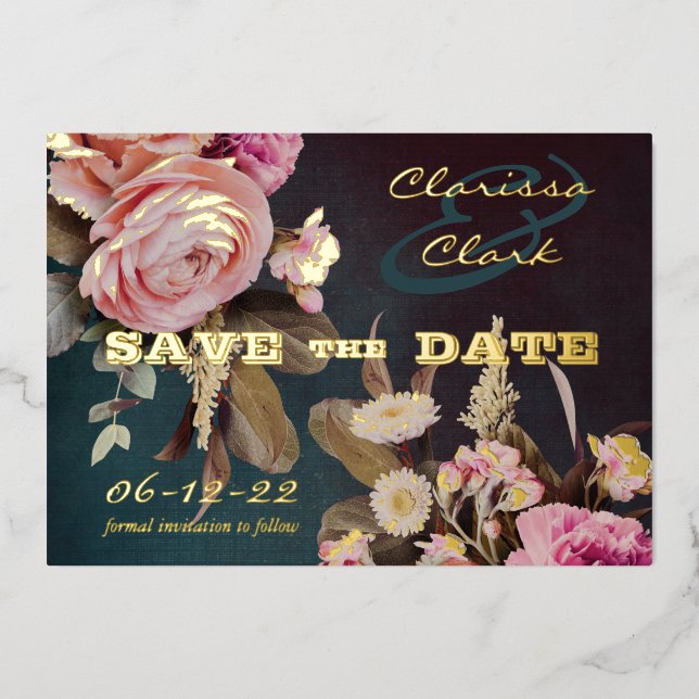 Dark Moody Bold Floral Gold Save The Date (Front)