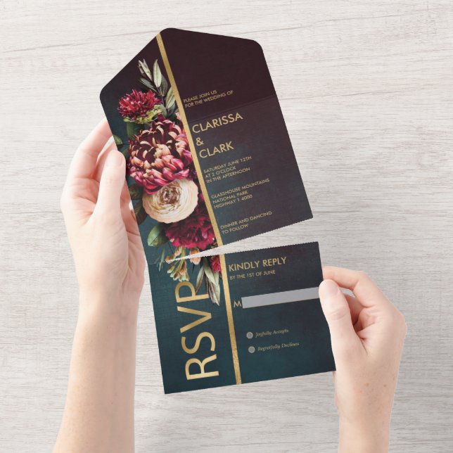 Dark Moody Bold Floral Marsala Wedding  All In One Invitation (Tearaway)
