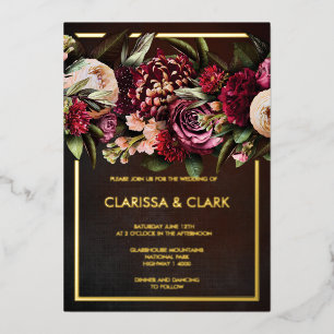 Dark Moody Bold Floral Marsala Wedding Foil Invit