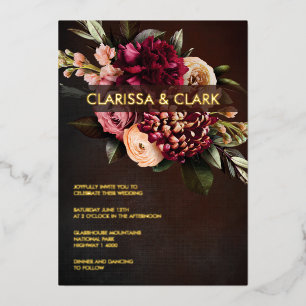 Dark Moody Bold Floral Marsala Wedding Foil Invit