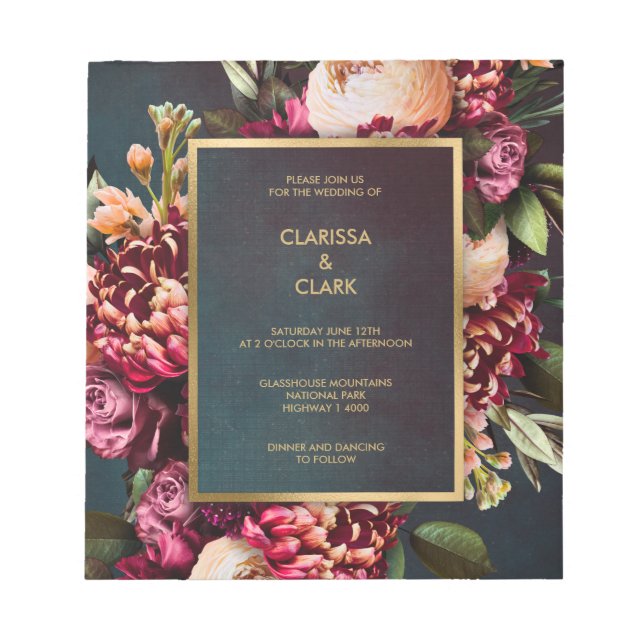Dark Moody Bold Floral Marsala Wedding Invitation Notepad (Front)