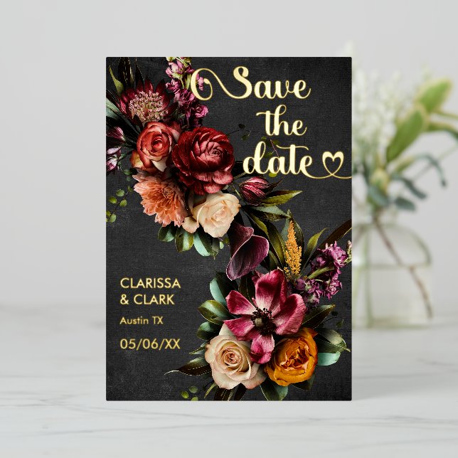 Dark Moody Bold Wild Flower Save The Date (Standing Front)