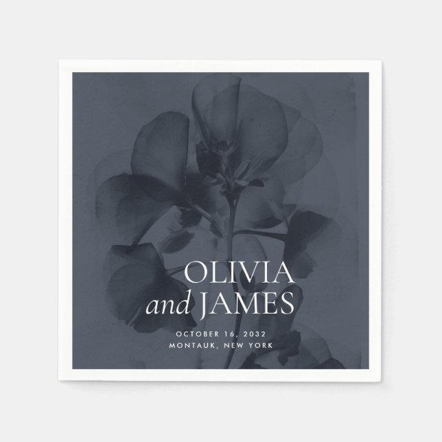 Dark Moody Botanical Dark Blue Wedding Names Napkin (Front)